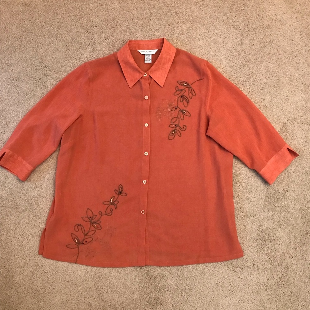 Napa Valley Embroidered Blouse Size 1X Rustic Orange Semi Sheer Button Up Crepe